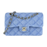 CHANEL 經典菱格紋牛仔印花帆布鏈帶肩背/斜背包(淺藍)/平行輸入