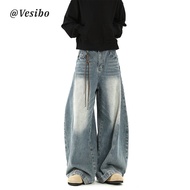 VESIBO | Cleanfit Casual Baggy Jeans with Washed S-curve Design