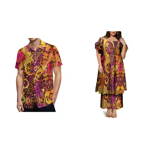 Hawaiian Fashion Couple'S Printed Style Ladies' Elegant Round-Neck Dress Puletasi Set And Men'S Aloh