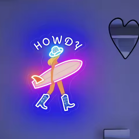 Howdy Surf Girl Neon Sign Cowgirl Surf Neon Sign Wave Surfing Neon Sign Cowgirl Room Wall Decor Surf