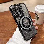 เคสโทรศัพท์ประดับเพชรเทียมแวววาวพร้อมขาตั้งแม่เหล็กสำหรับ iPhone - ปกป้องตัวเครื่องเต็มรูปแบบ กันกระ