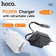 HOCO ที่ชาร์จ USB -C PD20W 100% N57พร้อมด้วยสายวอลล์ชาร์จด่วนแบบยืดหดได้สำหรับ iPhone 16 iPhone 15 P