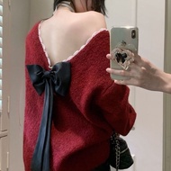 Red V-Neck Bow Knot Sweater - Autumn Winter Knitwear