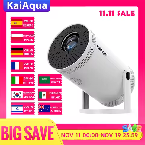 KaiAqua Projector Android 11 4K 1280*720P FY300 Pro + Dual Wifi 290ANSI 180°flexible BT5.0 Cinema Ou