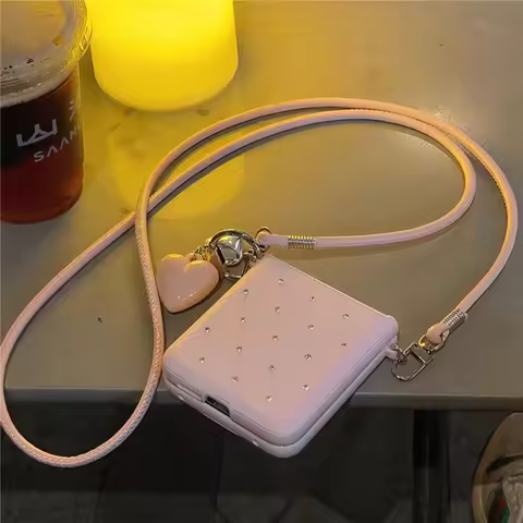 Crossbody Lanyard Chain Rhinestone Leather Case For Samsung Galaxy Z Flip 7 6 5 For Motorola Razr 50