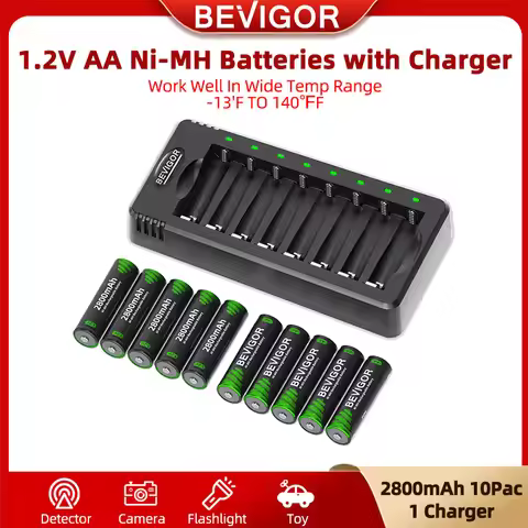 BEVIGOR Rechargeable AA Batteries with Charger 10 Pack 2800mAh Double A Batteries with Smart 8 Bay S