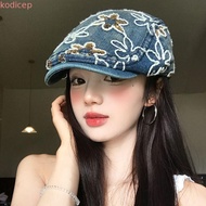 KODICEP1 Denim Forward Cap, Ethnic Style Y2k Embroidery Flower Forward Hat, Casual Fashion Korean St