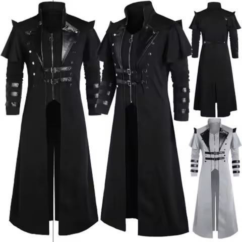 Vintage Men's Gothic Steampunk Long Jacket Trench Coat Retro Medieval Warrior Knight Overcoat Male V