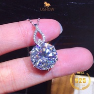 USHOW Women's Necklace Round Pendant 5A Zircon Pt950 925 Silver