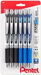 Pentel Ultra Fine Energel Rtx Retractable Liquid Gel Pen - Needle Tip - 3mm - 6 Pack Of 3 Black Ink &amp; 3 Blue Ink Deluxe Pens