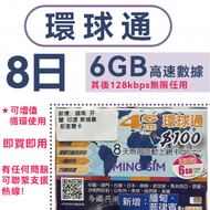 【環球通】8日 6GB高速數據 無限數據丨電話卡 上網咭 sim咭 丨即買即用 網絡共享 可增值使用丨台灣需實名登記