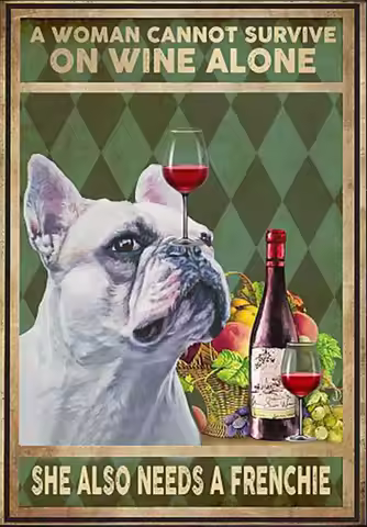 Vintage A Woman Cannot Survive On Wine Alone She Also Needs A Frenchie Aluminium Metal Tin Sign 8x6 