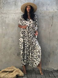 Boho Leopard Print Beach Dress Swimsuit Cover Up 2025 Summer Women Kimono Long Dresses Beachwear Cov