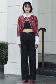 TBY Jeans กางเกงยีนส์ผู้หญิง ผ้าไม่ยืดสีดำ ขากระบอกเอวสูง กระเป๋าหลังเดินลาย (T3214)