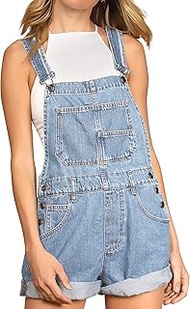 Women's Casual Denim Bib Overall Shorts Adjustable Straps Cuffed Hem Shortall Rompers, Blue, Large