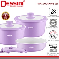 DESSINI ITALY i-Romanzo 6 PCS Detachable Handle Induction Casserole Pot Non Stick Frying Pan Wok Bow