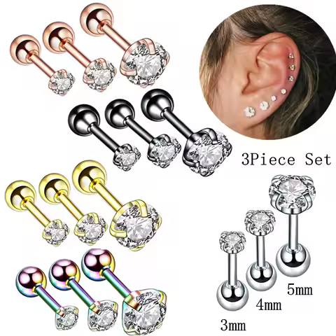 3PCS Crystal Tragus Piercing Earring Set Zircon Cartilage Earrings Stud Set Labret Lip Piercing Bulk