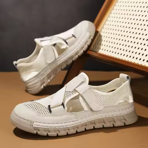 Leisure Walk Summer Mens Sandals Outdoor Mens Mesh Casual Shoes Non-Slip Man Leather Sandaly for Bea