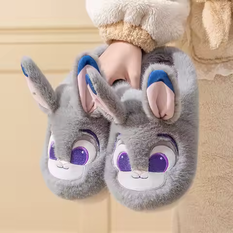 Disney Zootopia Nick Judy Plush Slippers for Couple Autumn Winter Indoor Floor Non-Slip Soft Bottom 