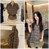 WGWE W8403 short-sleeved shirt, soft silk fabric, brown checkered retro style 8403