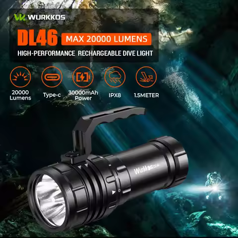 Wurkkos DL46 20000LM Super Bright Diving Flashlight 608M Range Rechargeable Underwater Lantern 30000
