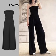 Lovito Casual Jumpsuit Plain Cold Shoulder Jumpsuit for Women LAD106190