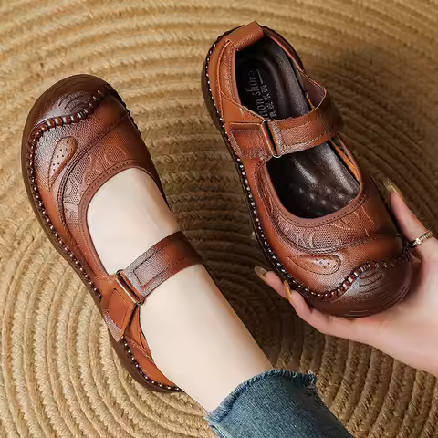 New Authentic Leather Flats Women Durable Mary Jane Shoes Autumn Shallow Flats Ladies Anti Kick Mocc