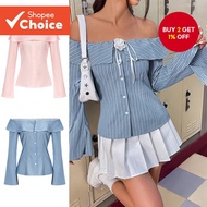 Women Casual Blouse Striped Pattern Button Ruffle Blouse L61AD024 (Multi-color)