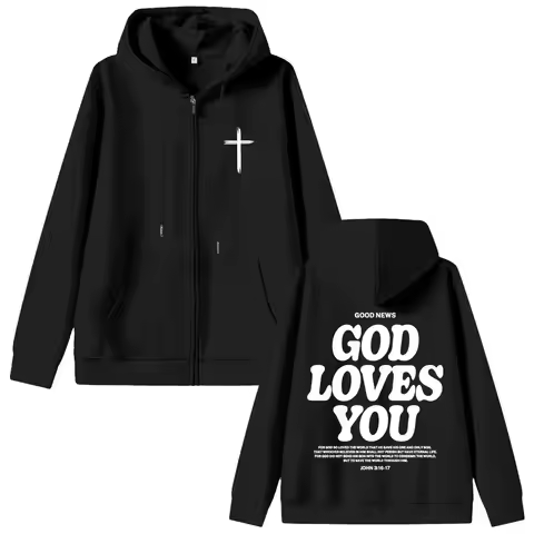 Christian Jesus Good News God Loves You Bible Verse Graphic Zipper Hoodie Men Women Fashion Vintage 