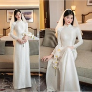 Handmade beaded white brocade ao dai, bridal ao dai, modern wedding dress, luxurious wedding dress