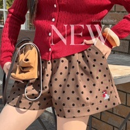 Polkadots Stretch Waist Shorts Brown Embroidered Dog Shorts for Women