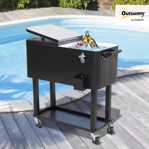 80 QT Wheeled Stand Up Drink Cooler Cart,Black,For Outdoor Party, Custom