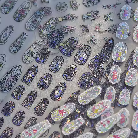 1piece 5D glass fragment nail sticker high quality stained glass window grille design glitter art de