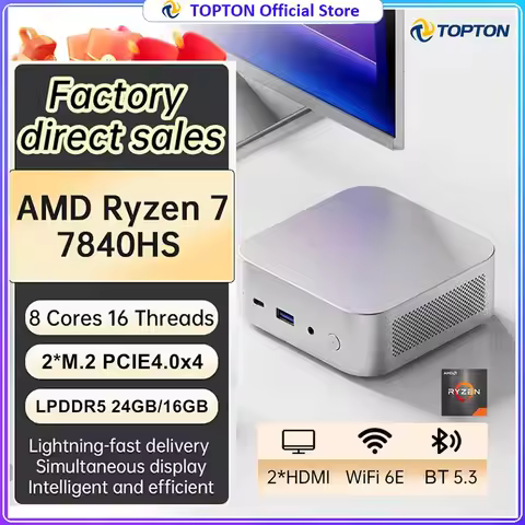Topton Compact Office Mini PC AMD Ryzen 7 7840HS R5 6600U 24GB 16GB LPDDR5 USB4 2xNVMe NUC Gamer Min