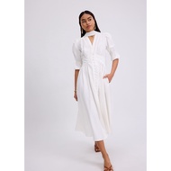 Love Bonito - Women's Dress - V-neck Puff Sleeve Fit & Flare Midaxi Dress in Garden City Blooms - Wh