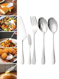 5pcs Stainless Steel Cutlery Set - Gold Or Silver Color, Safe Material, Includes Serving Fork, Servi