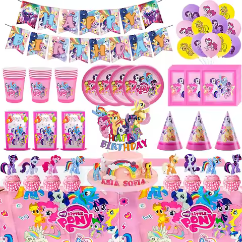 Cartoon Pony Theme Birthday Party Decor Disposable Tableware Pink Little Pony Cup Plate Baby Shower 