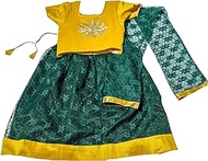 Tradition INDIAGolden Tissue &amp; Green Net Lehenga Choli Set,Kids Lehenga Choli Set, Party Wear Short Sleeves Lehenga Choli