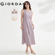 GIORDANO ผู้หญิง ชุดเดรส เดรสผ้าลินิน ผ้าฝ้าย น้ำหนักเบา คอกลม ริบบิ้นเอว แขนกุด ฤดูร้อน แฟชั่นเรียบง่าย ชุดเดรสลำลอง Free Shipping 13464305