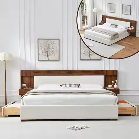 Size Wood Bed Frame with Builtin Nightstands, Linen Platform Bed Frame with 2 Drawers, Natural Wood 