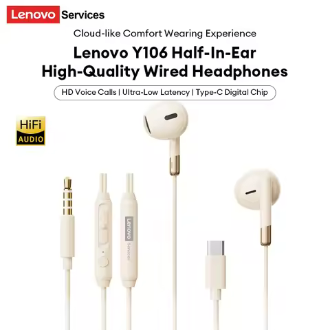 New Lenovo Y106 Half-In-Ear Wired Headphones HiFi Sound Quality Noise Reduction Earphones Low Latenc