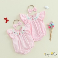 B935G-Baby Girl 2Pcs Birthday Outfits Fly Sleeve Round Neck Romper with Headband Set Newborn Clothes