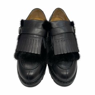 HERMES 愛馬仕 狐狸毛拚皮流蘇鞋 皮革 黑色 銀釦