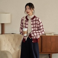 漿果紅格紋開衫|針織衫|毛衣|春款|Sora-1442