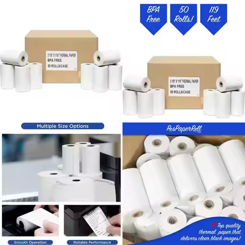 "50 packs 3.175mm x 35.56m thermal pos paper for cash registers"