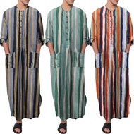 Plus Size Muslim Men's  Robe New Autumn Jubah Lelaki  Middle East Men's Long Sleeve Arab Kaftan Stripe Print Shirt