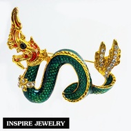 Inspire Jewelry ,เข็มกลัดพญานาค สีเขียว งานลงยาฝังเพชร ตัวเรือนหุ้มทองแท้ 100% 24K  นำโชค เสริมดวง สวยหรู