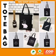 TOTEBAG KANVAS REMAJA Wanita Pria Warna BLACK Tas Hitam Jinijing Bahu Cangklong  Kekinian Korea Tote Bag Import Sling Sekolah Resleting Custom Costum Kpop Motif Perekat