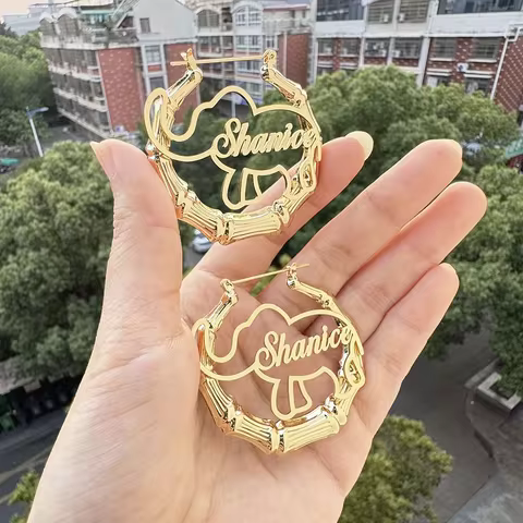 30mm-100mm Bamboo Earrings Customize Name Earrings Custom Hoop Bamboo Style Personality Earrings Wit