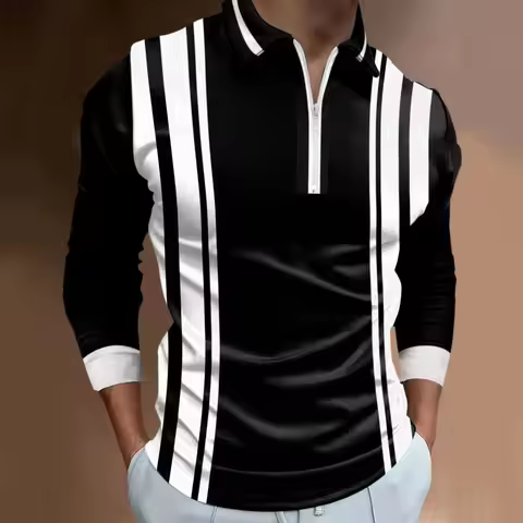 New Fashion Striped Men's Polos T-Shirts Long Sleeve 3D Printed Street Male Zippers POLO Tee 6XL Plu